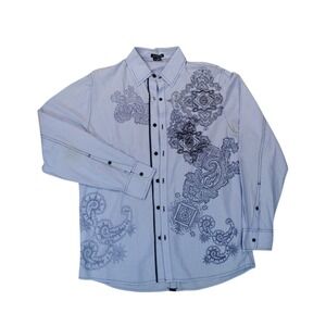 AT Collins Mens Blue Striped Paisley Embroidered Button Down Shirt Medium